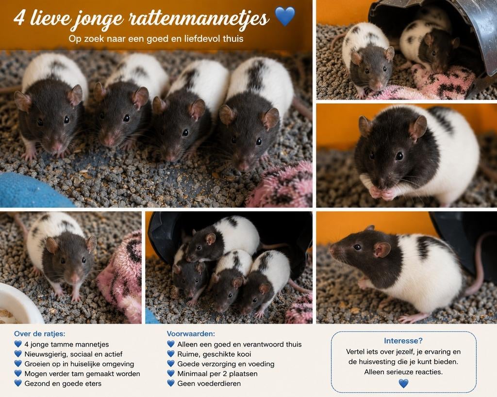 4 jonge ratjes, Dieren en Toebehoren, Knaagdieren, Rat, April, Mannelijk, Tam