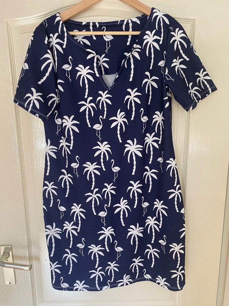 Jurk met palmboom en flamingo print, Blauw, Maat 46/48 (XL) of groter, Ophalen of Verzenden, Gedragen