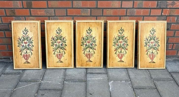 Set van 5 handgeschilderde bloemmotieven op paneel, Bloemen, Paneel, Ophalen of Verzenden, Handgeschilderd