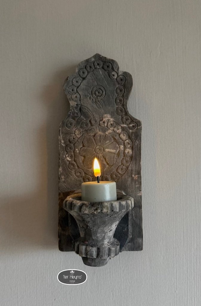 Oud houten wand kandelaar hang waxine stoer sober landelijk, Verzenden, Nieuw, 29 cm, Kandelaar