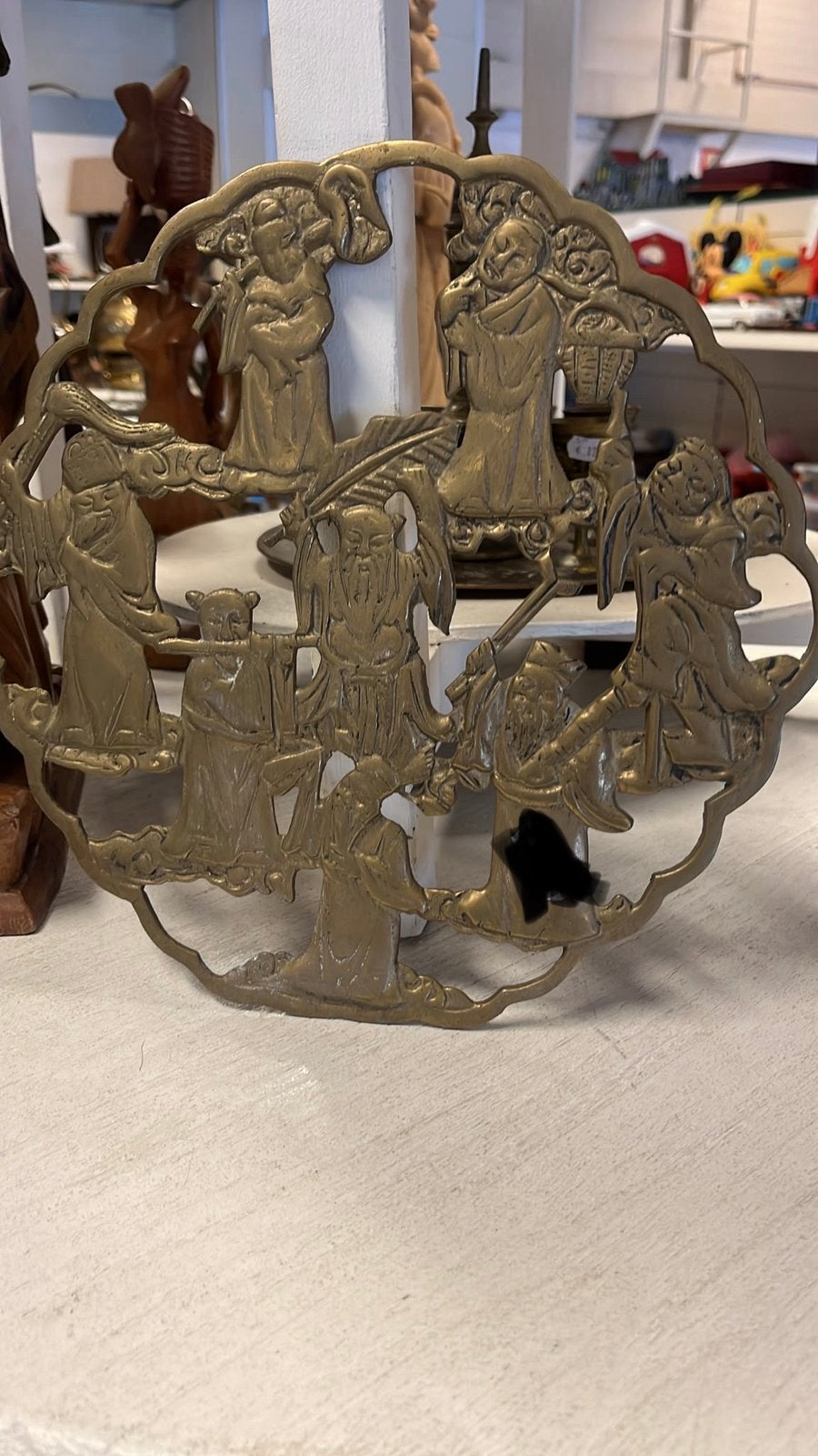 Vintage messing wanddecoratie met Chinese figuren, Ophalen of Verzenden
