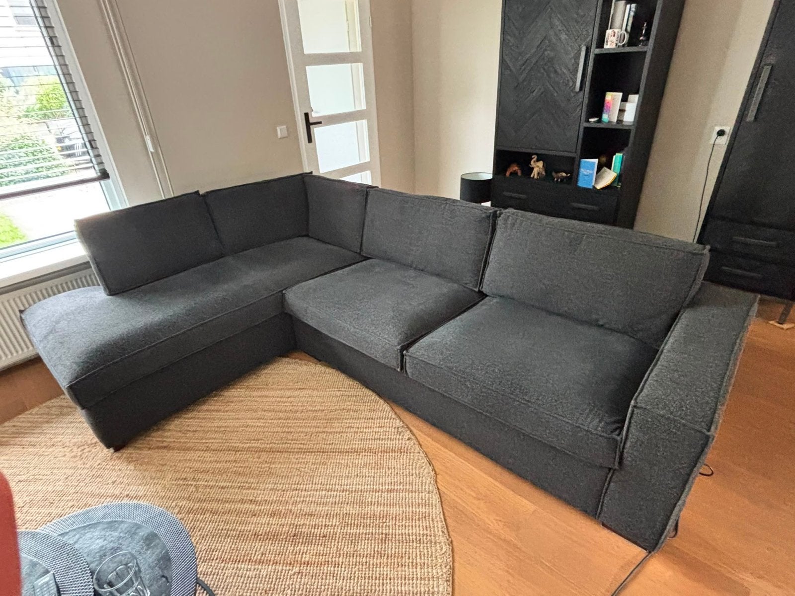 Woood Thomas Hoekbank Antraciet - Gereinigd, Huis en Inrichting, Banken | Bankstellen, Gebruikt, Hoekbank, Driepersoons, 250 tot 300 cm