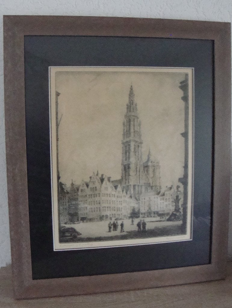 Antwerpen Kathedraal Stadsgezicht Ets 1957, Stadsgezicht, 56 cm, 47 cm, Ophalen of Verzenden