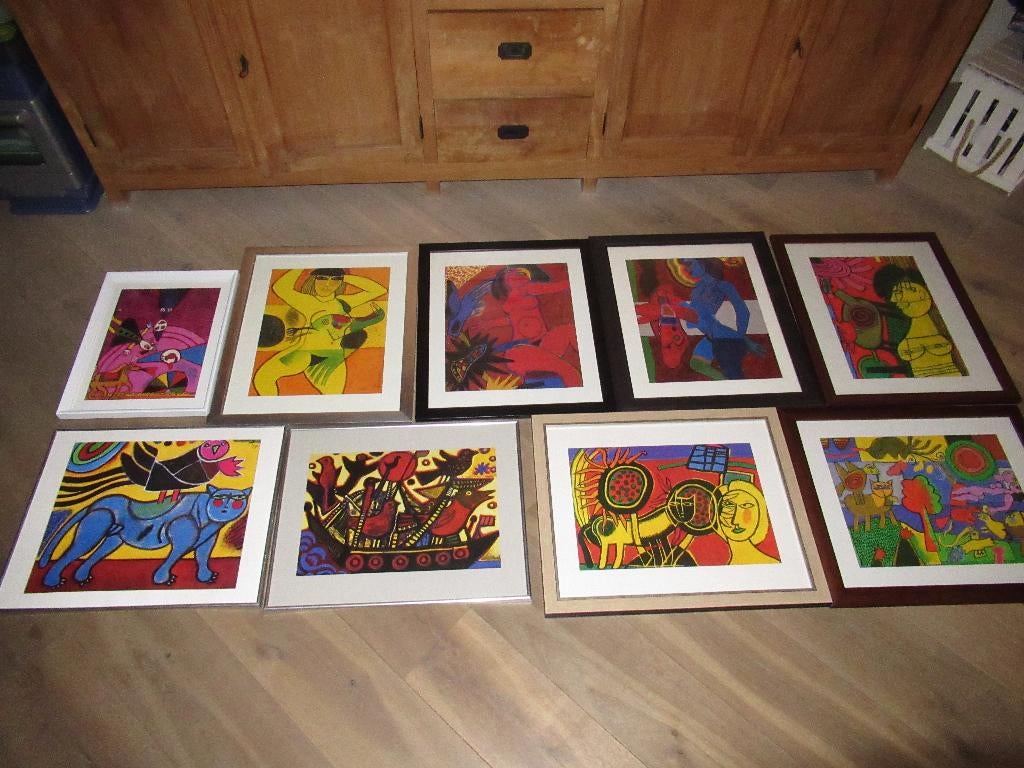 9 Ingelijste schilderij schilderijen prent prenten Corneille, Antiek en Kunst, Kunst | Schilderijen | Modern, Ophalen of Verzenden