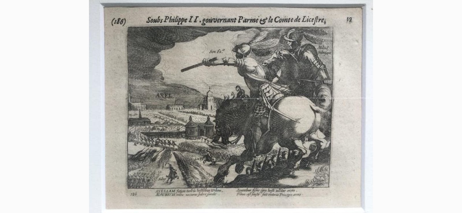 Kopergravure Axel 1586 Maurits, Militair, Ophalen of Verzenden, Gravure, Ingelijst