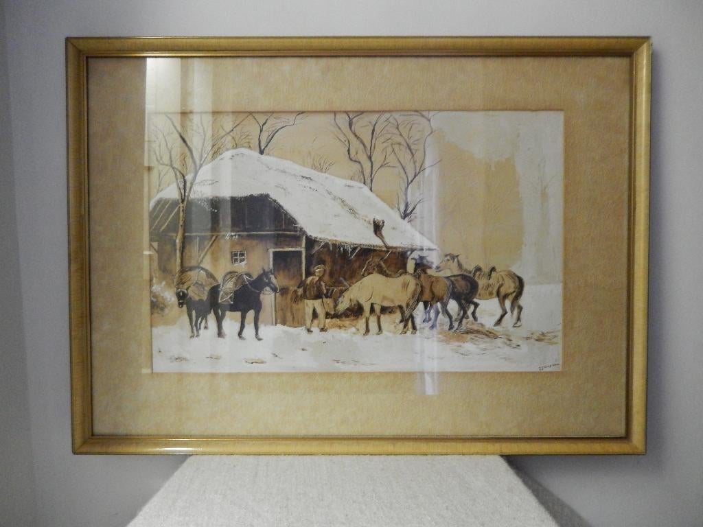 nAquarel, 'paardenstal in de winter', Ophalen of Verzenden