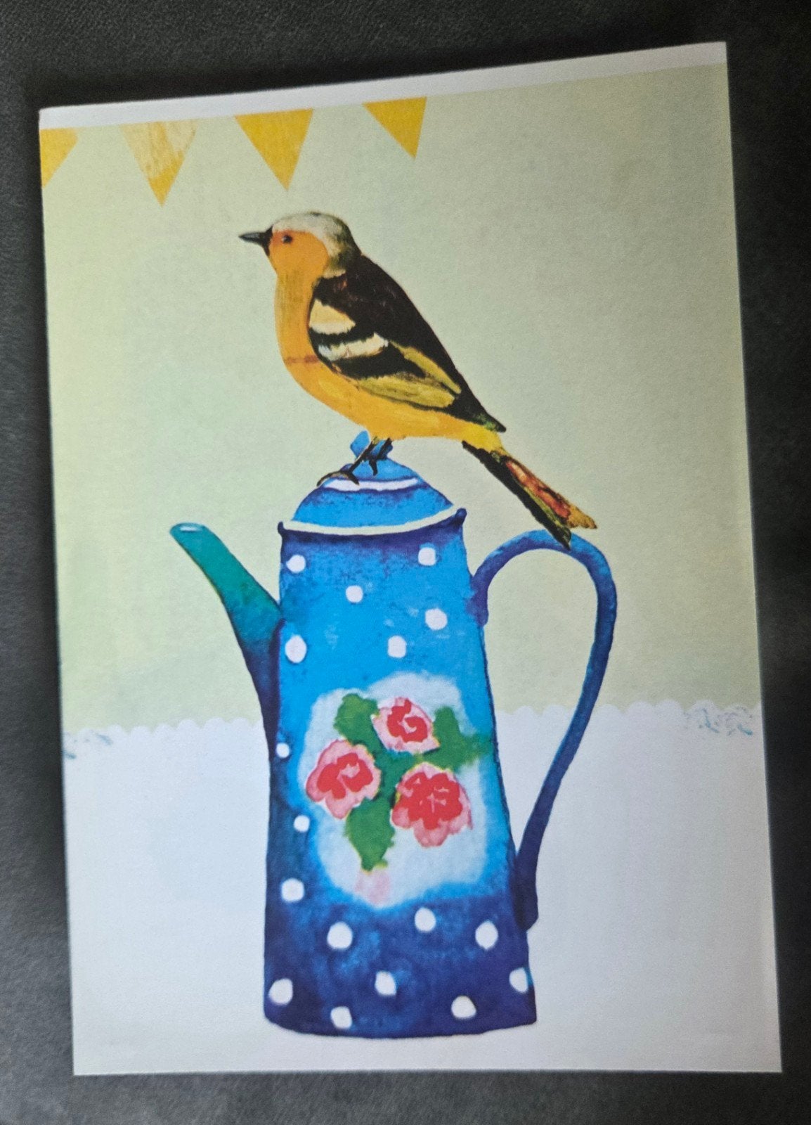 Libelle ansichtkaart met vogel op theepot, Verzenden, 1980 tot heden, Ongelopen, Overige thema's