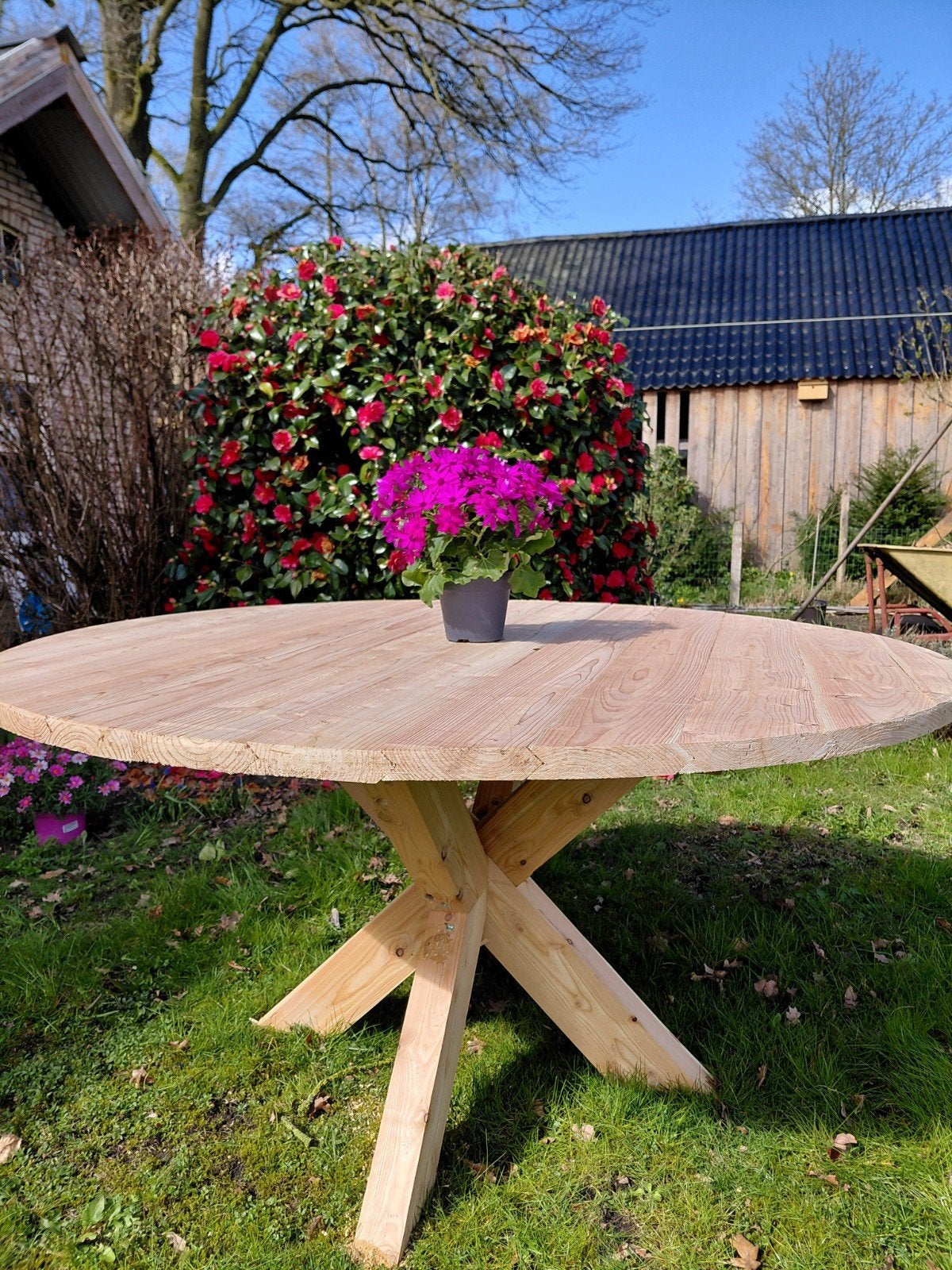 Zeer mooie ronde tuintafel XXL | eettafel | 3D poot | Ø150cm, Ophalen, Zo goed als nieuw, Rond, Hout