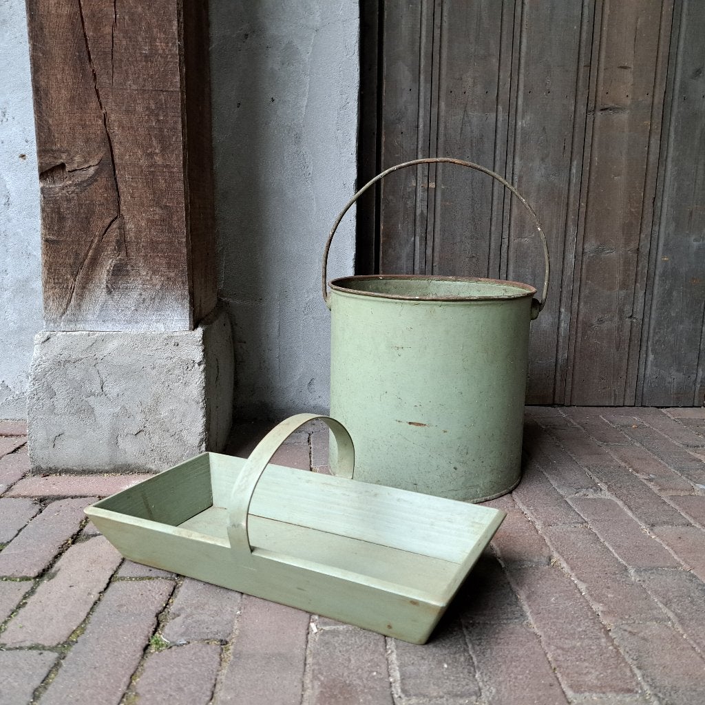 Brocante oude emmer houten plukmandje pastel groen *Etage3*, Gebruikt, ., Ophalen of Verzenden, .
