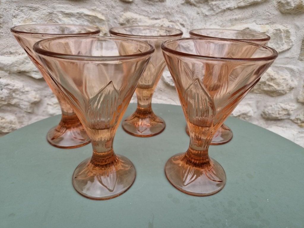 Set van 5 vintage zalmkleurige glazen ijscoupes, Ophalen of Verzenden