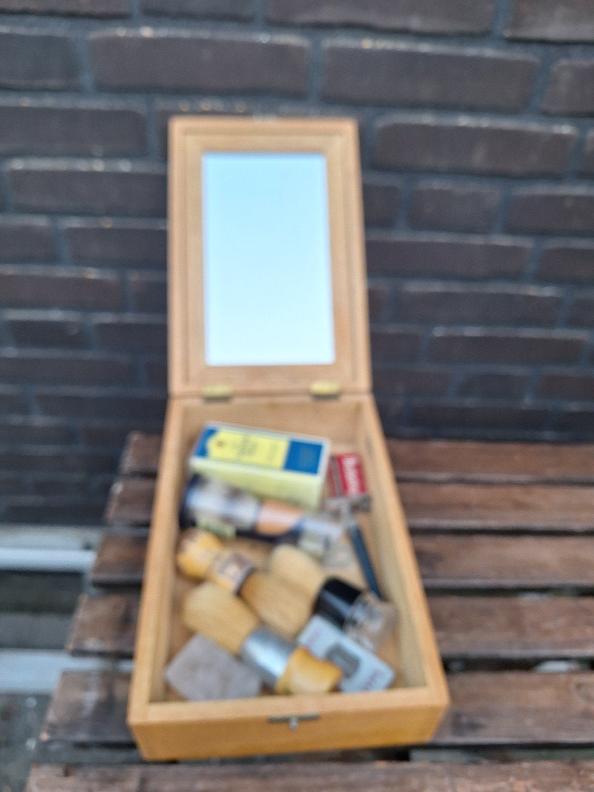 Vintage Scheerset in Houten Doos met Spiegel, Ophalen of Verzenden