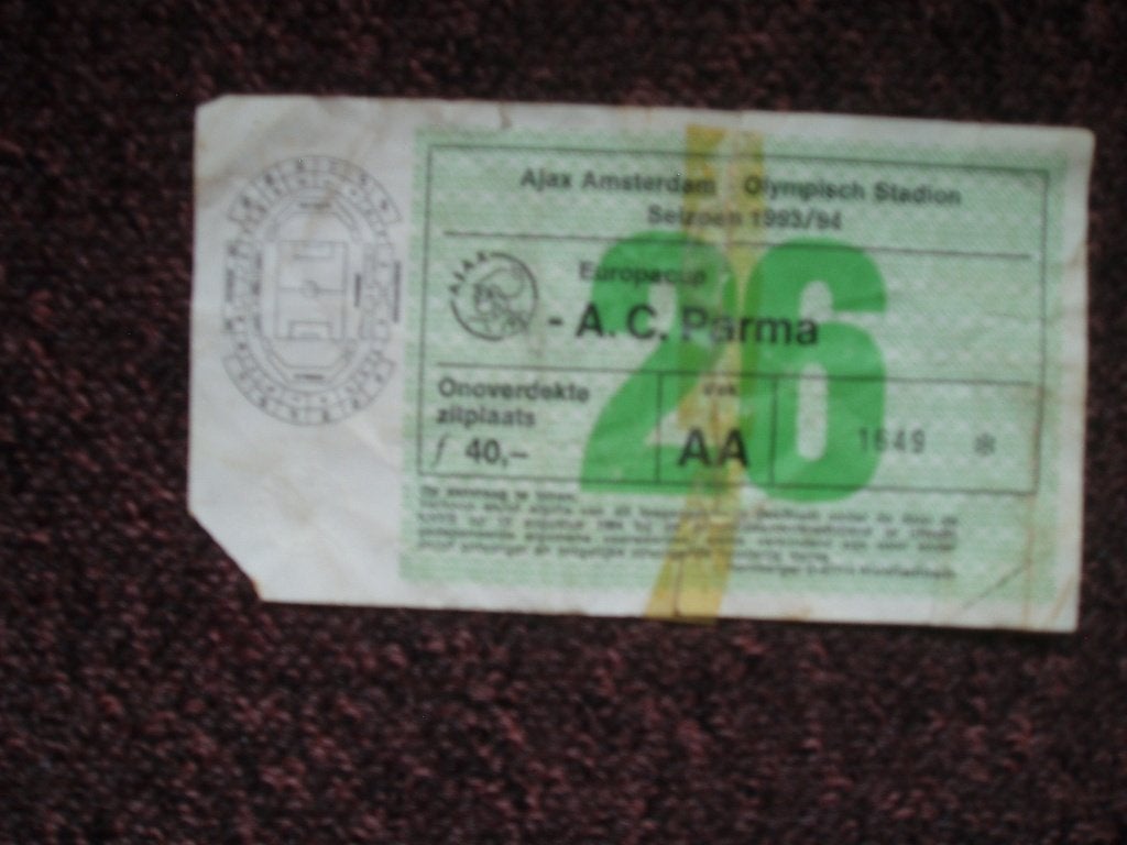 Ajax-AC Parma Ticket 1/4 finale Europa Cup 2 1993/94, Verzamelen, Ophalen of Verzenden, Gebruikt, Ajax, Overige typen
