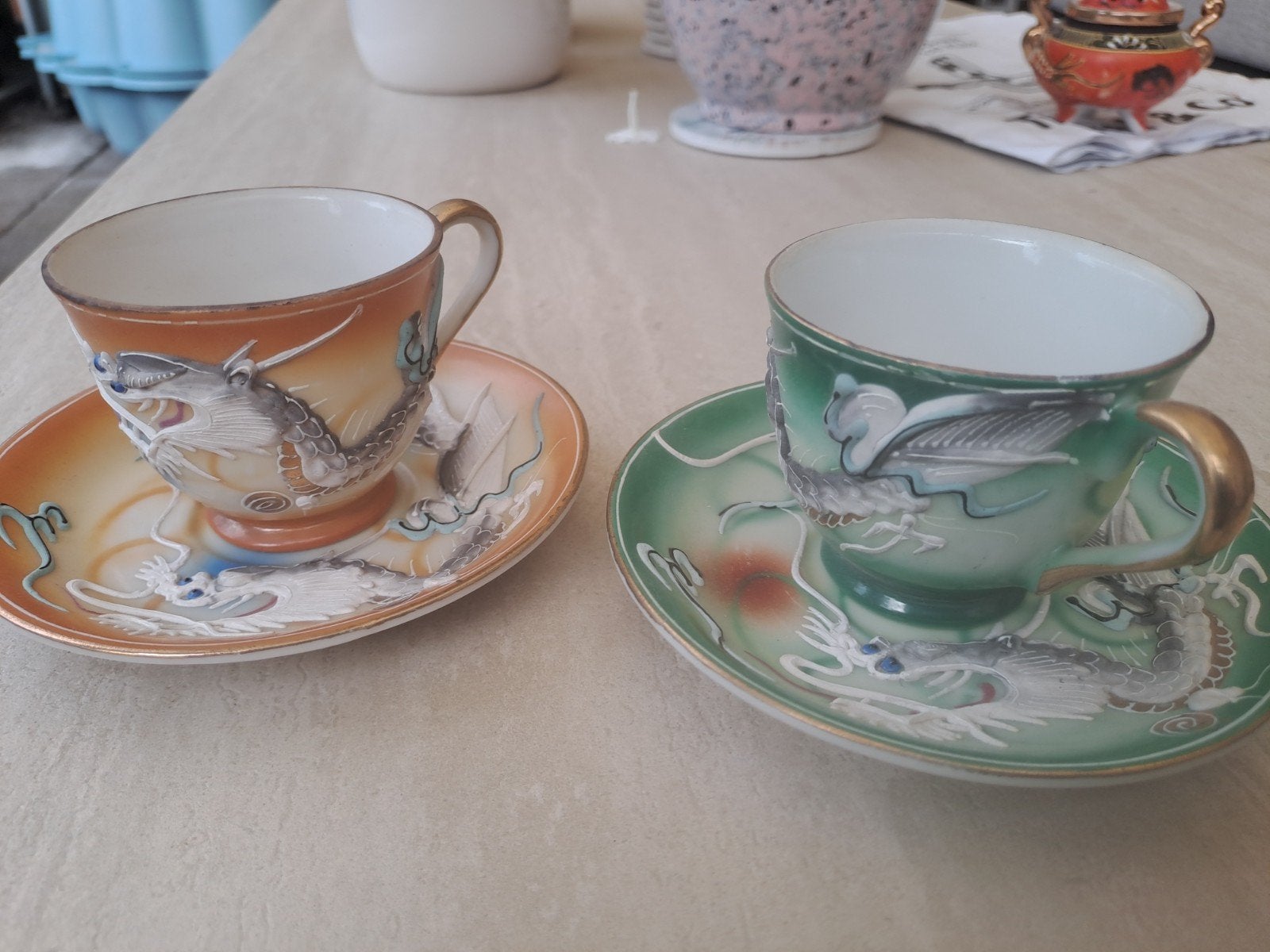 Vintage Japanse draken theekopjes en schotels (2 sets), Ophalen of Verzenden