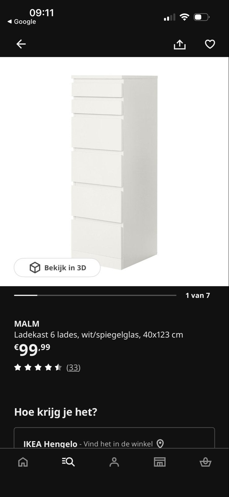 IKEA MALM Ladekast wit/spiegelglas 40x123 cm, Ophalen, Minder dan 50 cm, Gebruikt, 5 laden of meer