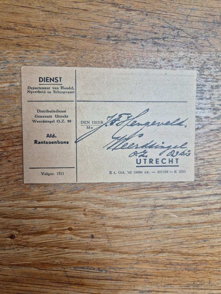 Wo2 Extra rantsoen distributiekaart 1944, Ophalen of Verzenden, Overige gebieden