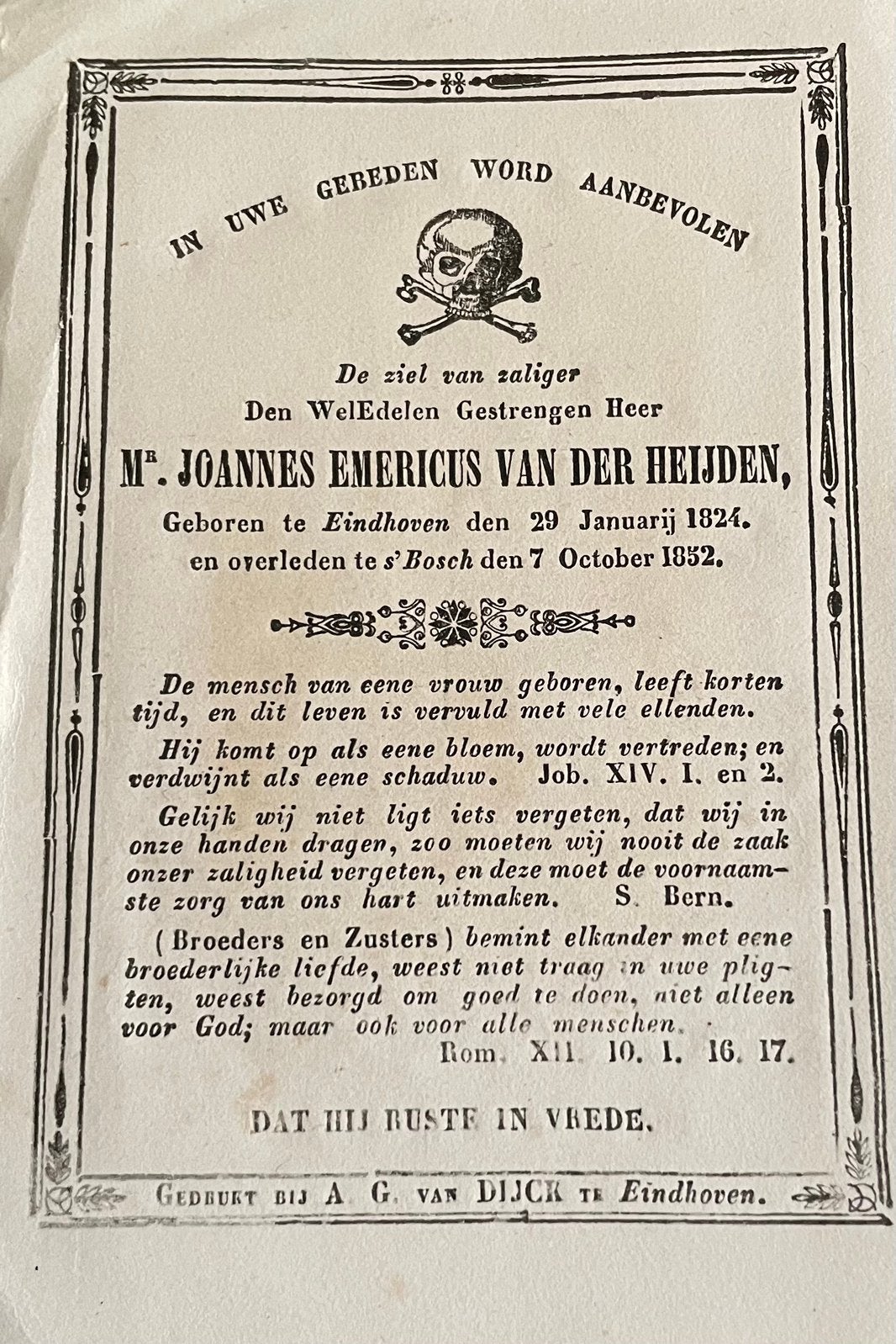 Ms Joannes Emericus van der Heijden 1824 Eindhoven, Verzamelen, Bidprentjes en Rouwkaarten, Ophalen of Verzenden