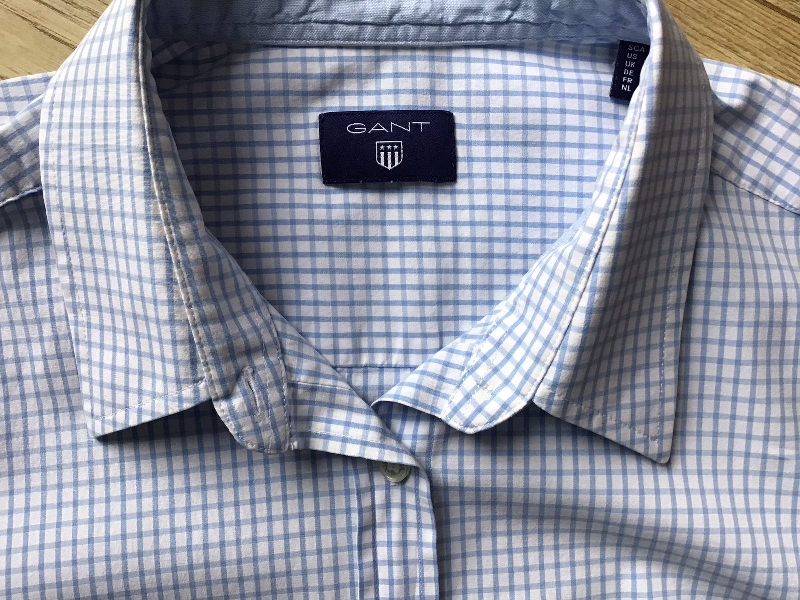 GANT blouse in lichtblauw/witte ruit vlot en sportief mt 42, Ophalen of Verzenden, Gedragen, Maat 42/44 (L), Blauw