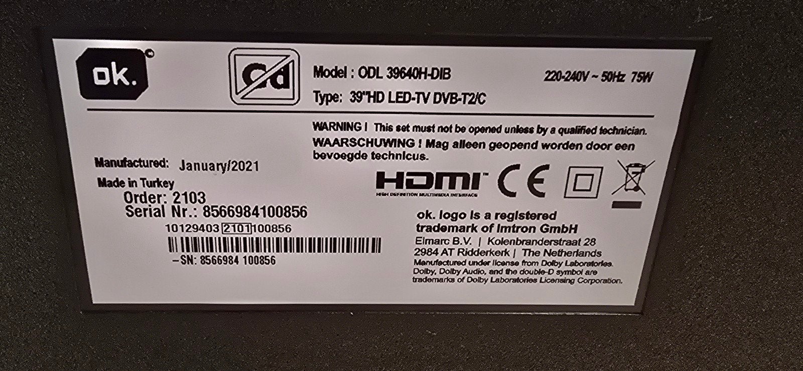 ok tv, Gebruikt, 50 Hz, 40 tot 60 cm, Ophalen
