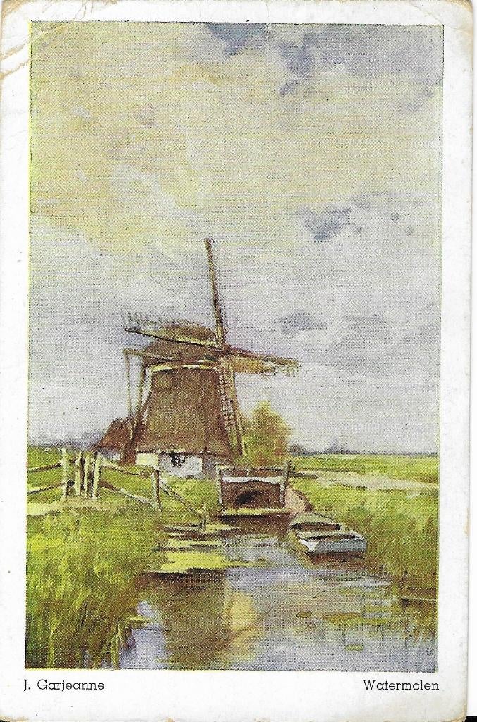 Watermolen, schilderij van J. Garjeanne, molen, roeiboot, Verzenden, 1960 tot 1980, Gelopen, Noord-Brabant