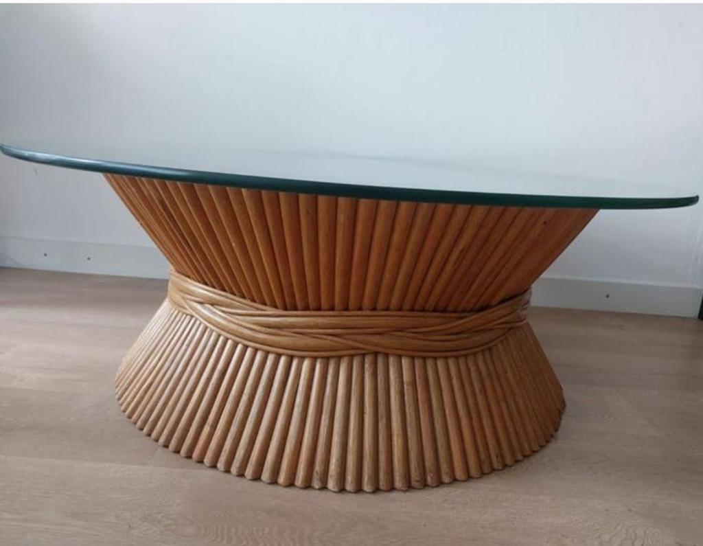 McGuire Hollywood Regency Salontafel Faux Bamboe Glas, Gebruikt, 50 tot 100 cm, Rond, Ophalen of Verzenden