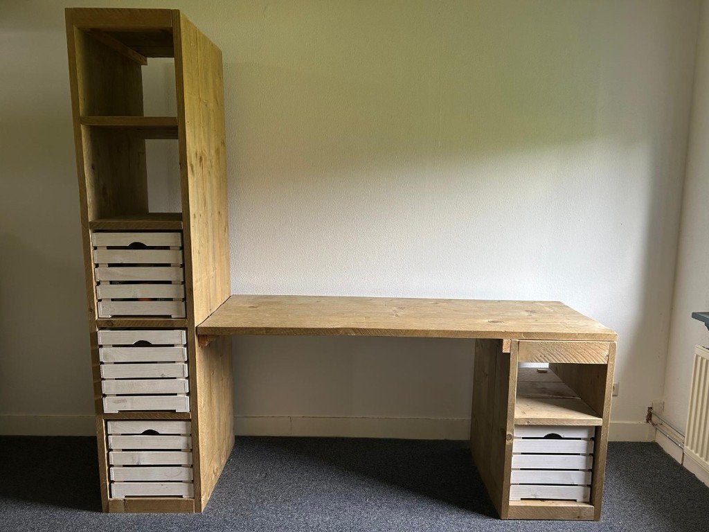 Steigerhouten bed en bureau met fruitkistjes, Huis en Inrichting, Slaapkamer | Bedden, Ophalen, Gebruikt, 90 cm, Eenpersoons