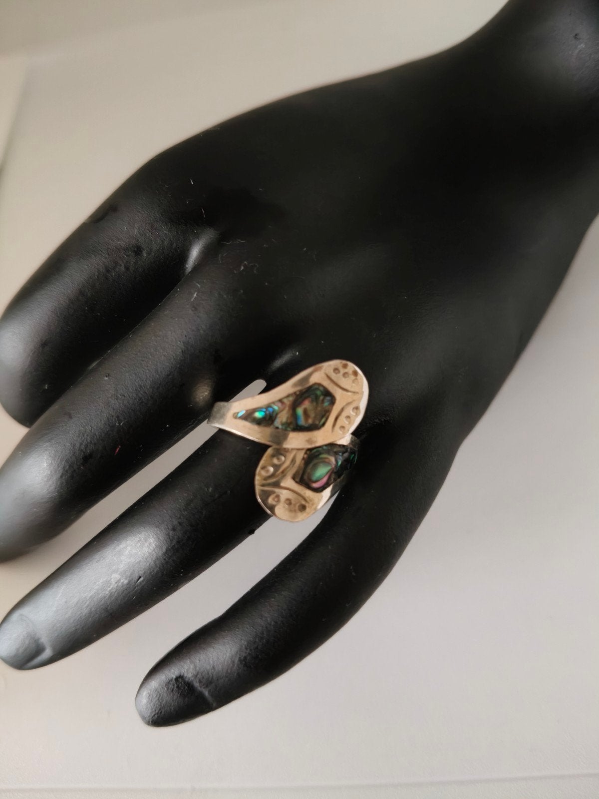 Vintage Alpaca Mexico Zilveren Ring met Schelp Inleg, 18 tot 19, Gebruikt, Ophalen of Verzenden, Dame