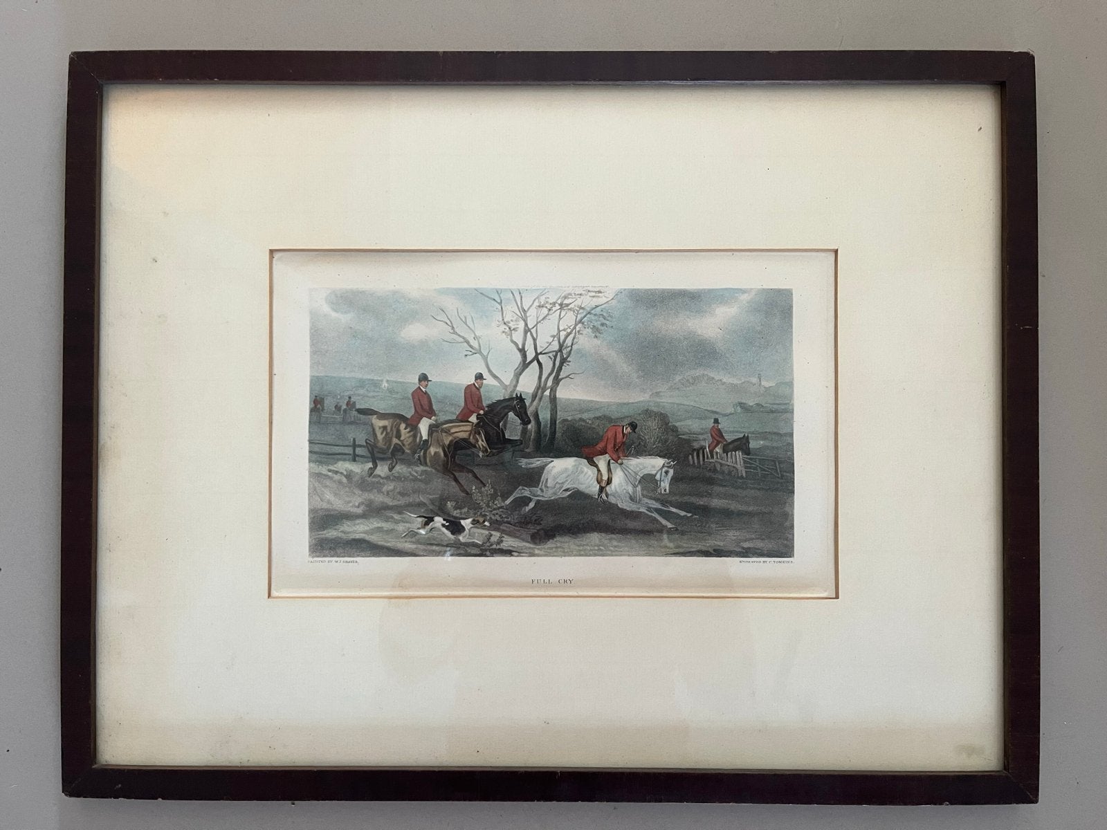 Antieke jachtscène prent 'Full Cry' ingelijst, Antiek en Kunst, Kunst | Schilderijen | Klassiek, Achter glas, Ophalen of Verzenden