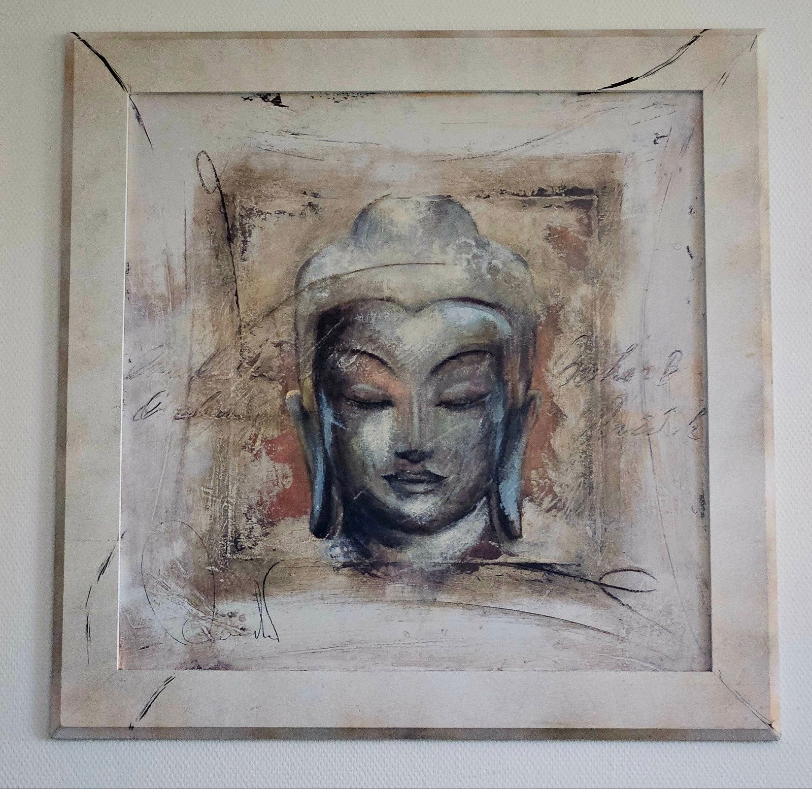 Groot Boeddha schilderij 84x84 cm canvas in houten lijst, Ophalen, Zo goed als nieuw, Schilderij, 75 tot 100 cm