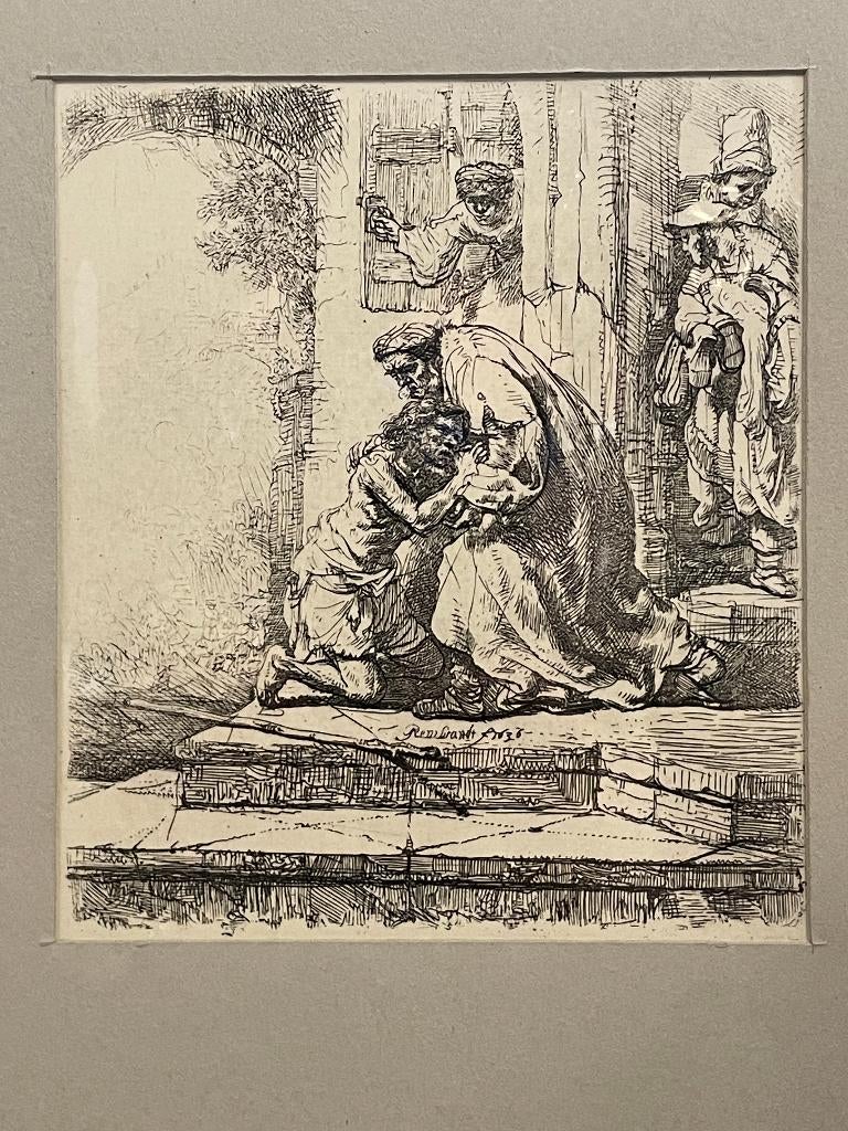 De verloren zoon - ets naar Rembrandt, Antiek en Kunst, Religie, Ophalen of Verzenden, Met passe-partout, 1950 - 1999