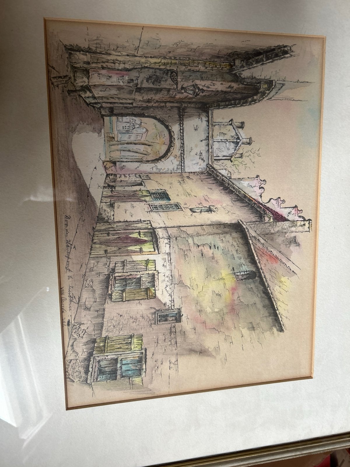 Ingelijste ingekleurde tekening noorderhavenpoort Zierikzee, Antiek en Kunst, Ophalen