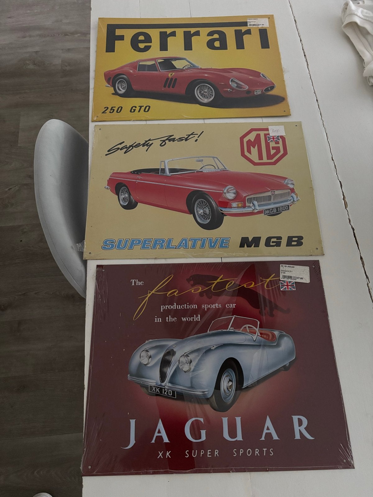 Set van 3 metalen borden: Ferrari, MGB, Jaguar, Ophalen, Nieuw, Auto's