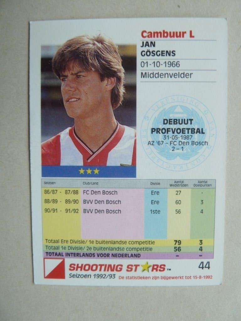 Shooting star 1992/1993  Nr.44. Jan.Gosgens Cambuur, Ophalen of Verzenden, Zo goed als nieuw, Overige binnenlandse clubs, Poster, Plaatje of Sticker