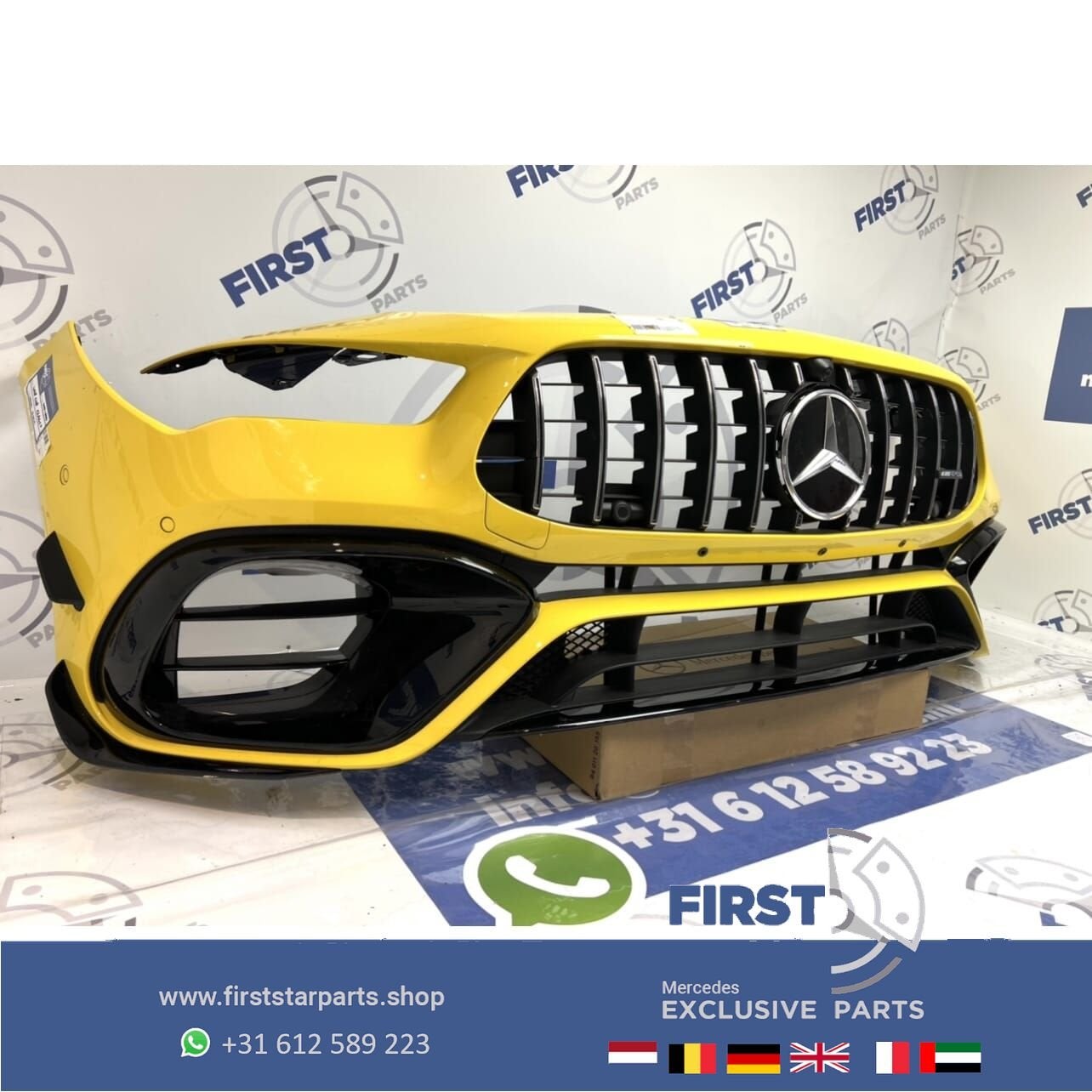 W118 CLA45 CLA45S AMG AERO VOORBUMPER GEEL + GT GRIL ORIGINE, Gebruikt, -, Voor, Ophalen of Verzenden