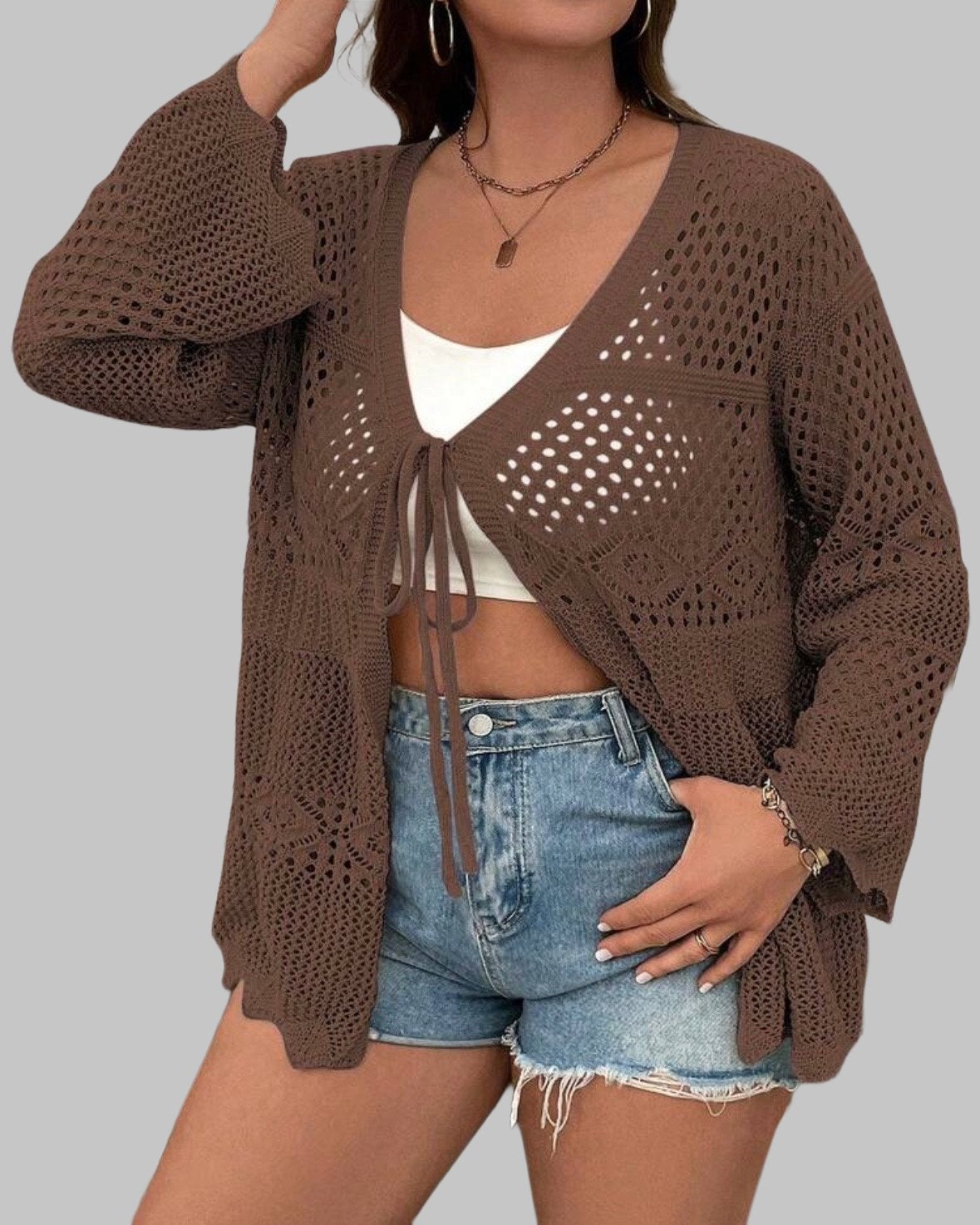 Gehaakt vest met strik detail - Bruin (44-50), Verzenden, Nieuw, Bruin, Trui of Vest