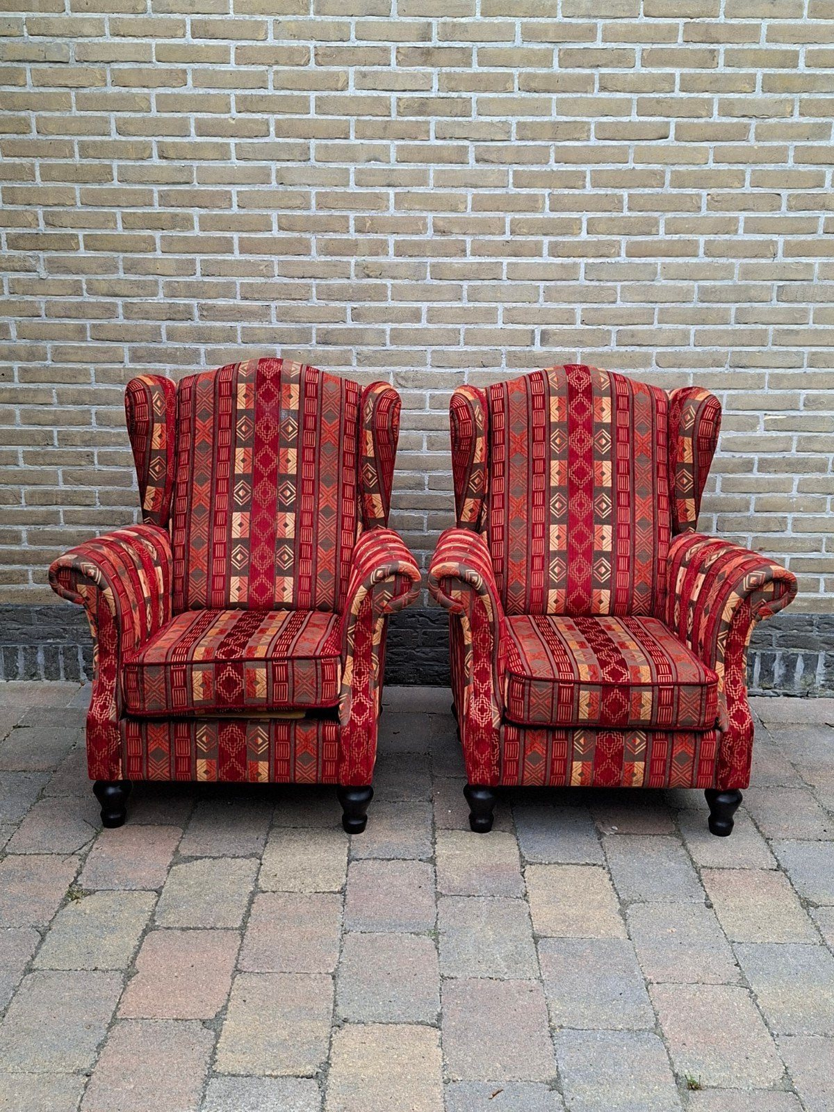 Set van 2 vintage fauteuils met kleurrijk patroon, Huis en Inrichting, Fauteuils, Ophalen, Gebruikt, 75 tot 100 cm, Stof