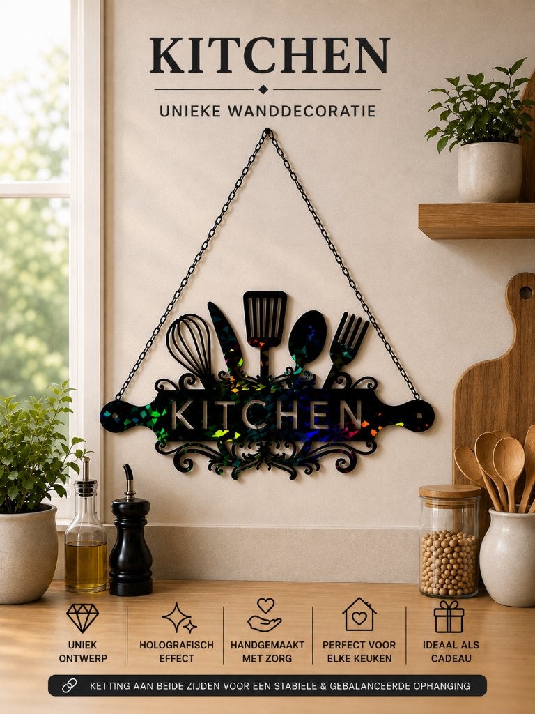Muurdecoratie Kitchen | Holografisch | resin art | epoxy, 30 cm, 17 cm, Meerkleurig, Ophalen of Verzenden