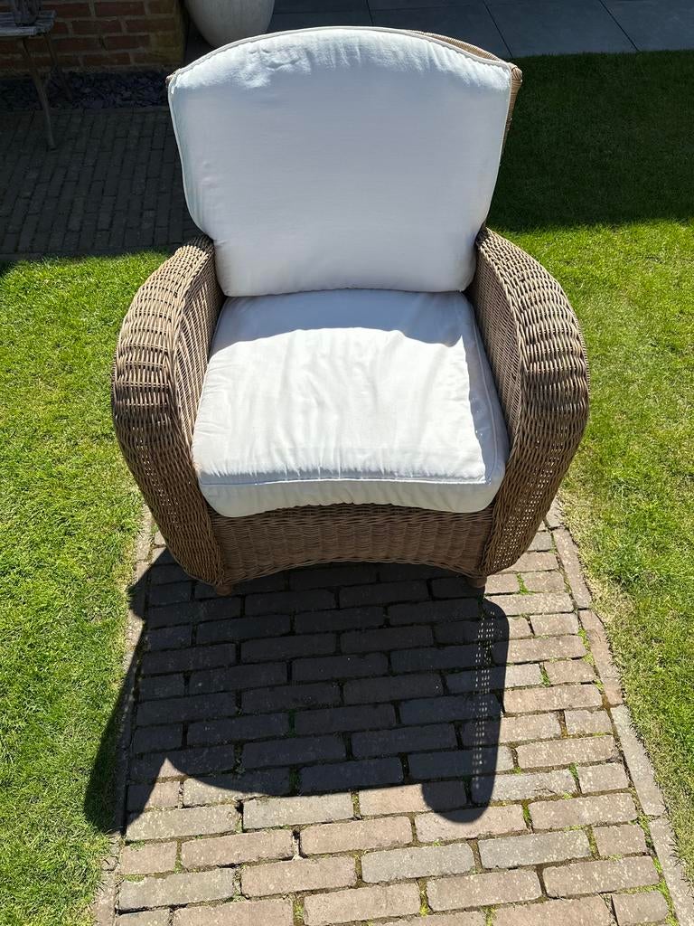 Robuuste landelijke rieten lounge fauteuil, Ophalen of Verzenden, Gebruikt, Riet of Rotan, 75 tot 100 cm