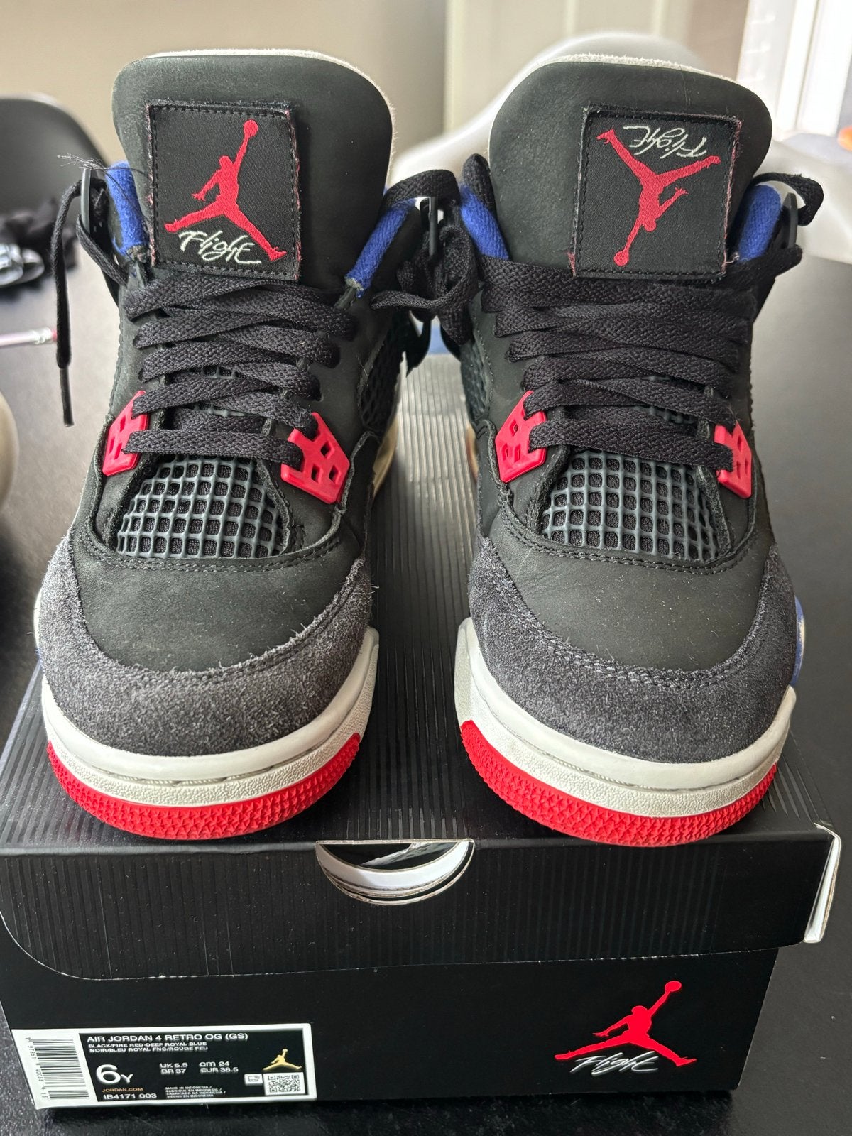 Nike Air Jordan 4 Retro OG (GS) - Zwart/Rood/Blauw, Ophalen, Gebruikt, Jongen of Meisje, Sportschoenen