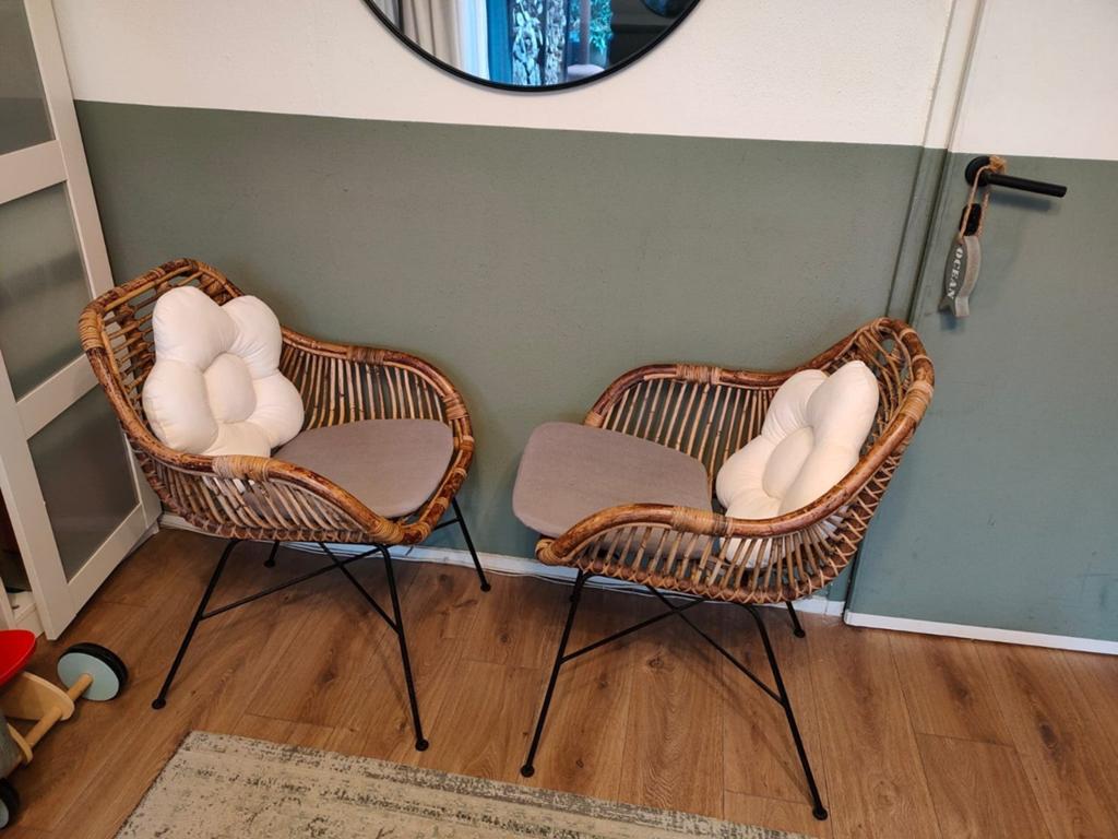 Set van 2 bamboe stoelen met kussens, Huis en Inrichting, Stoelen, Ophalen, Gebruikt, Twee, Bruin