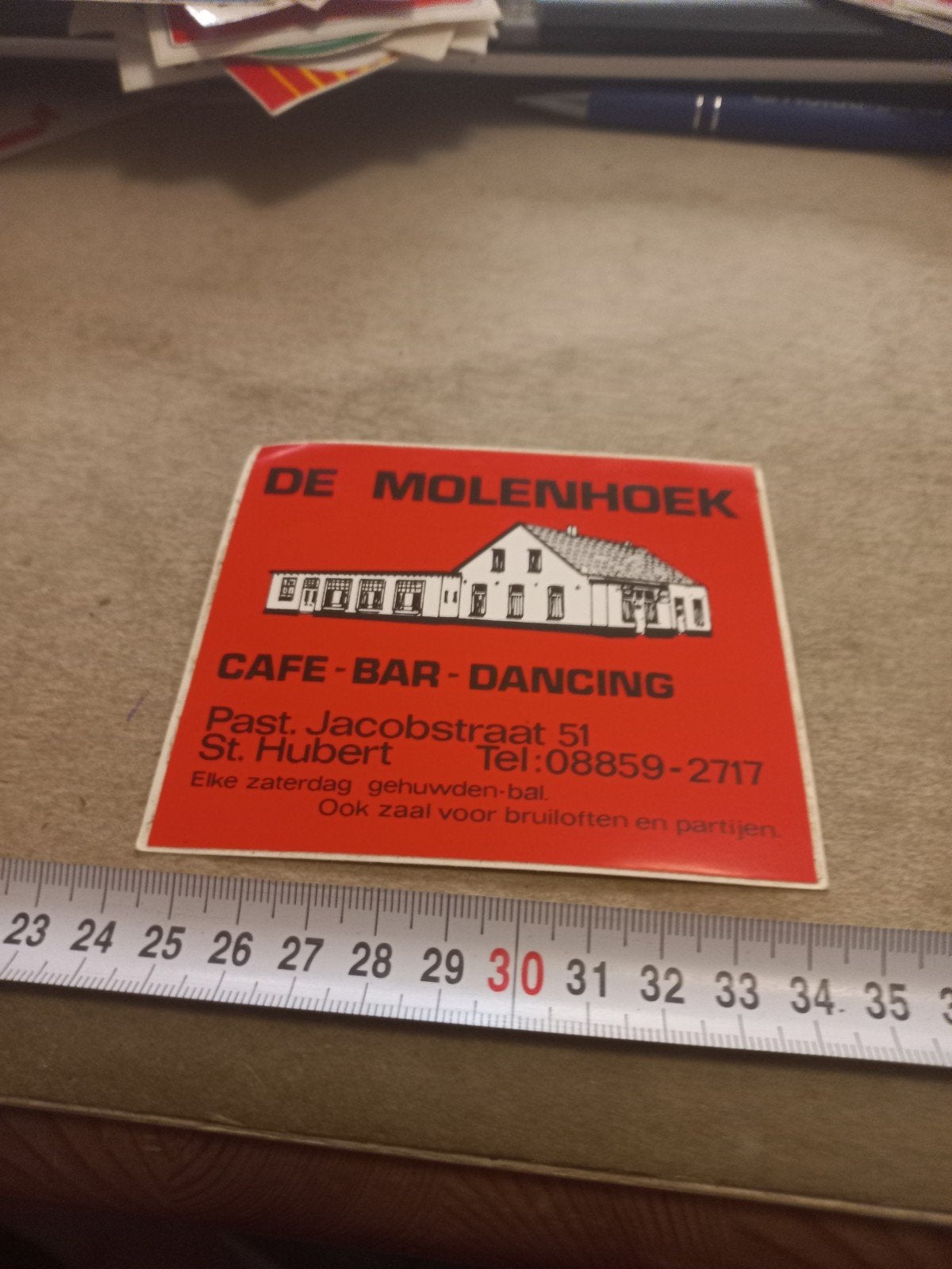 Vintage Sticker De Molenhoek Cafe-Bar-Dancing St. Hubert, Ophalen of Verzenden