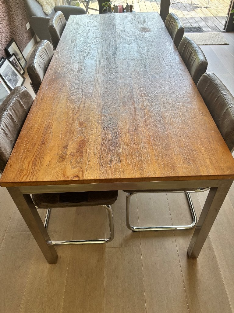 Eettafel  hout met metalen frame, Ophalen, Gebruikt, 200 cm of meer, 50 tot 100 cm