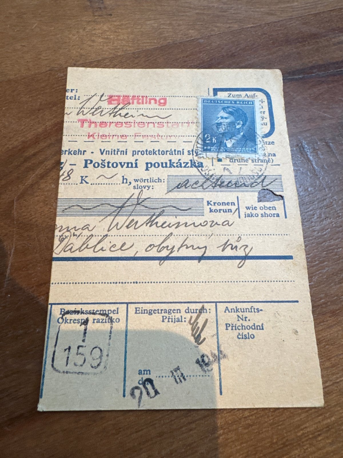 Originele postwissel Theresienstadt WOII - 1944, Ophalen of Verzenden, Overige soorten, Overige gebieden, Overige typen