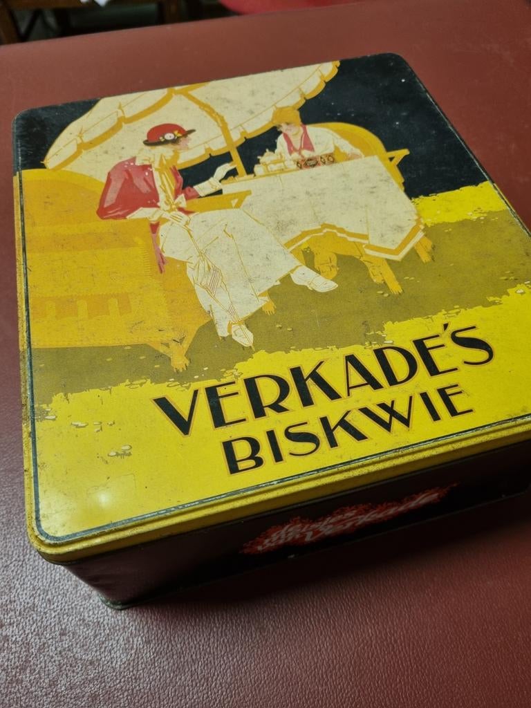 Vintage Verkade's Biskwie koektrommel - 20cm, Verzamelen, Blikken, Gebruikt, Koek(jes), Verkade, Ophalen of Verzenden