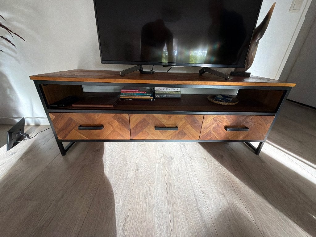 Houten tv meubel, Ophalen, 100 tot 150 cm, Teakhout, Zo goed als nieuw