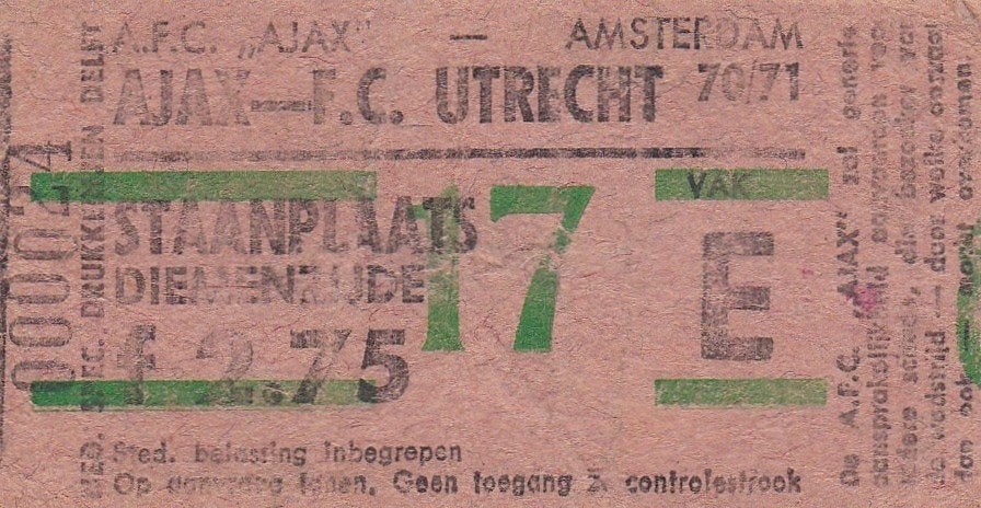 Ticket Ajax v FC Utrecht13-12-1970., Verzenden, Gebruikt, Ajax, Overige typen