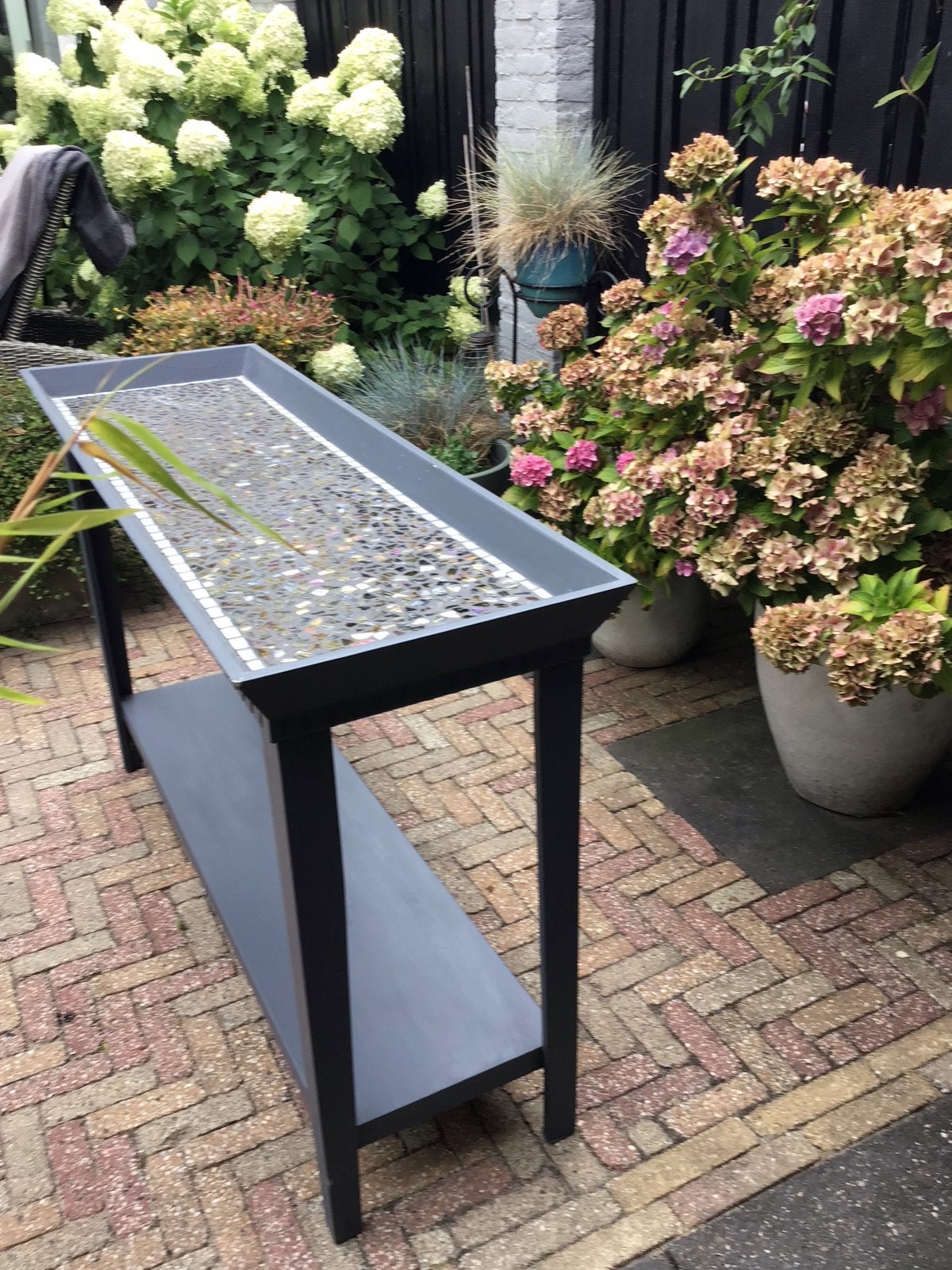 Unieke sidetable met mozaïek blad - Handgemaakt, Ophalen, Overige materialen, 100 tot 150 cm, Zo goed als nieuw
