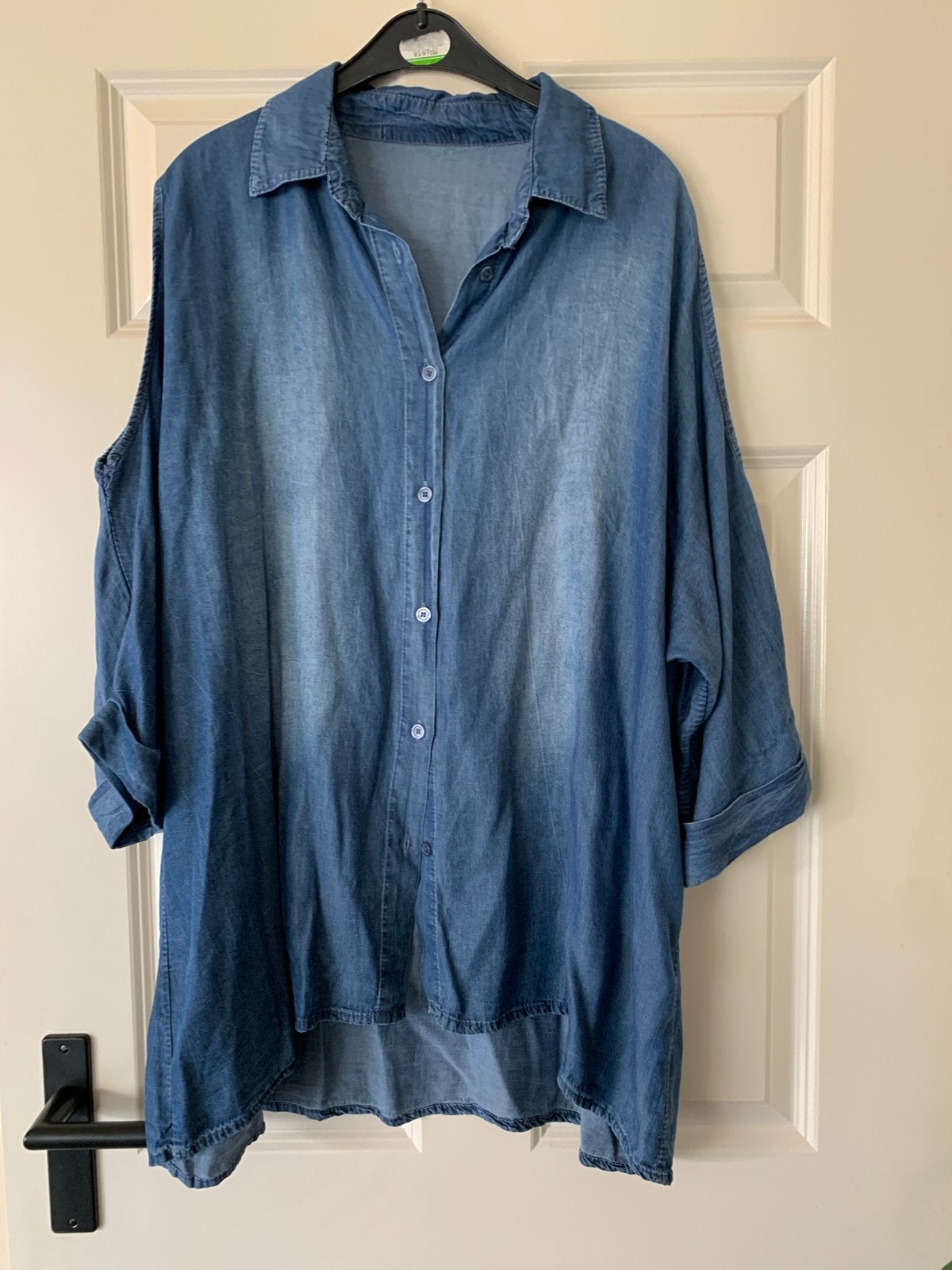 Denim blouse met open schouders - Maat Xxxl, Ophalen of Verzenden, Zo goed als nieuw, Maat 46/48 (XL) of groter, Blauw