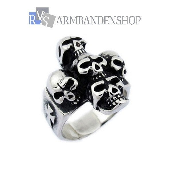 Rvs skull cross ring doodshoofd in RVS zilver bikers ring, 20 of groter, Heer, Nieuw, Zilver