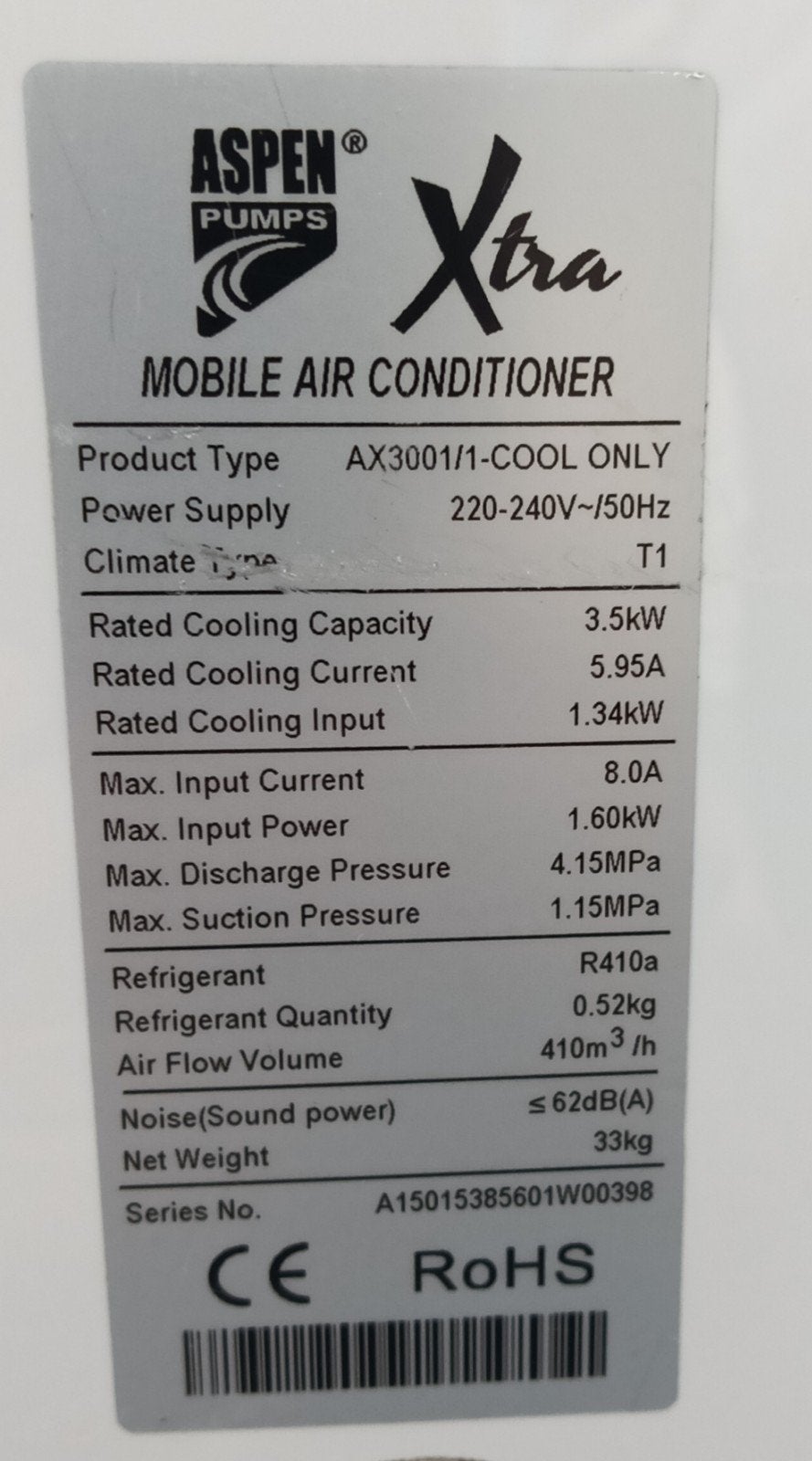 Mobiele airco Aspen Xtra AX3001, Witgoed en Apparatuur, Airco's, Ophalen, Gebruikt, Minder dan 60 m³, 3 snelheden of meer