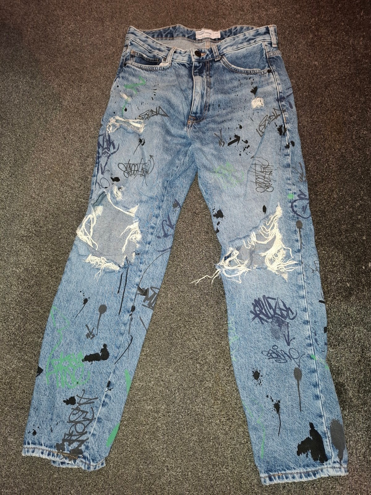 Bershka Straight Vintage Jeans met graffiti print, Bershka, Ophalen of Verzenden, Zo goed als nieuw, Blauw